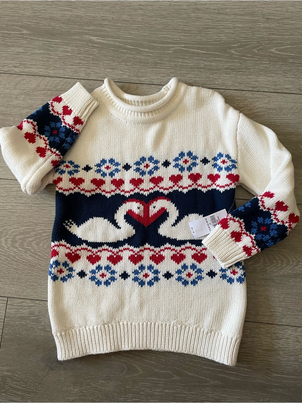 Toddler Girls Cream Sweater with Navy Swan Heart Pattern- 3T